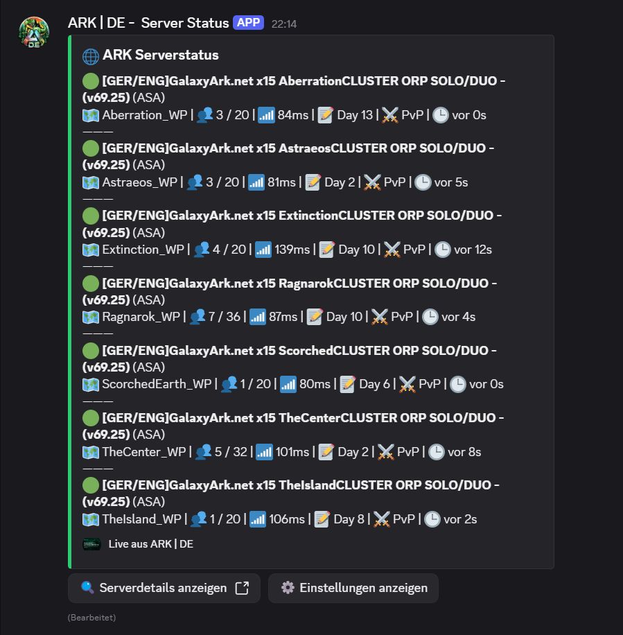 Demo ARK Discord Status Bot – Live-Status Vorschau